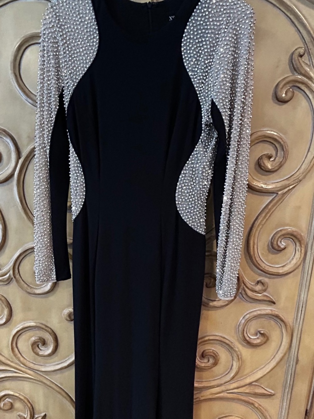 Xscape Black Long Sleeve Gown with Silver Beaded Sleeves